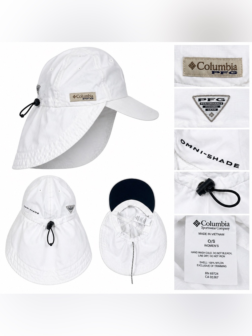 Columbia PFG Omni-Shade Sun Hat White Cap w/ Neck Flap Adjustable Women’s OS